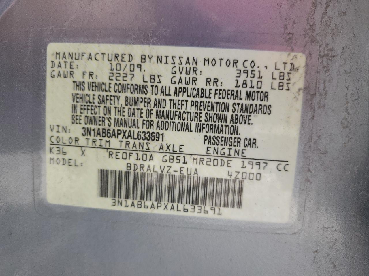 2010 Nissan Sentra 2.0 VIN: 3N1AB6APXAL633691 Lot: 63852834