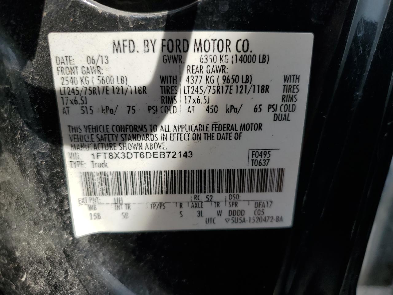 2013 Ford F350 Super Duty VIN: 1FT8X3DT6DEB72143 Lot: 63017014