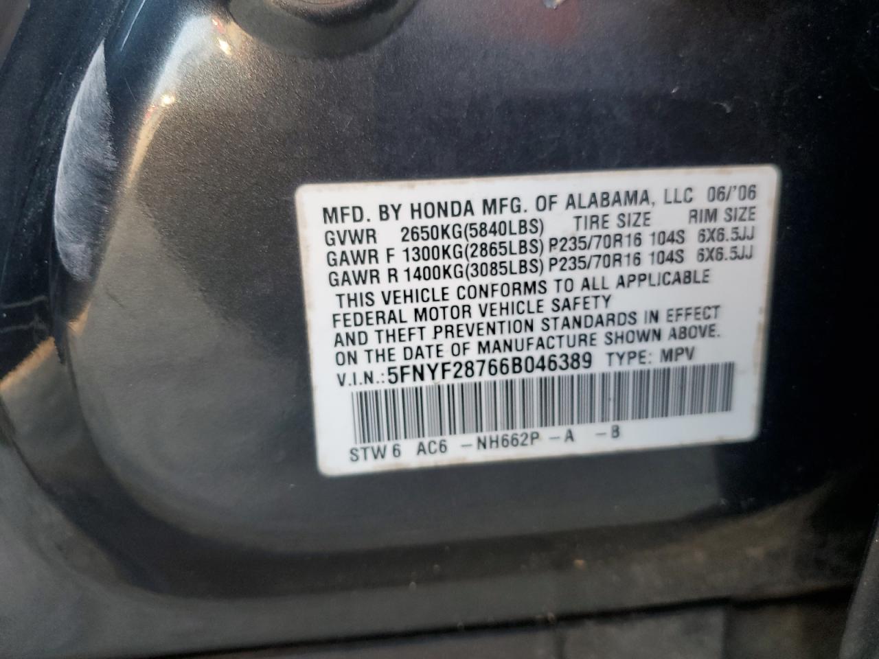 2006 Honda Pilot Ex VIN: 5FNYF28766B046389 Lot: 61087804