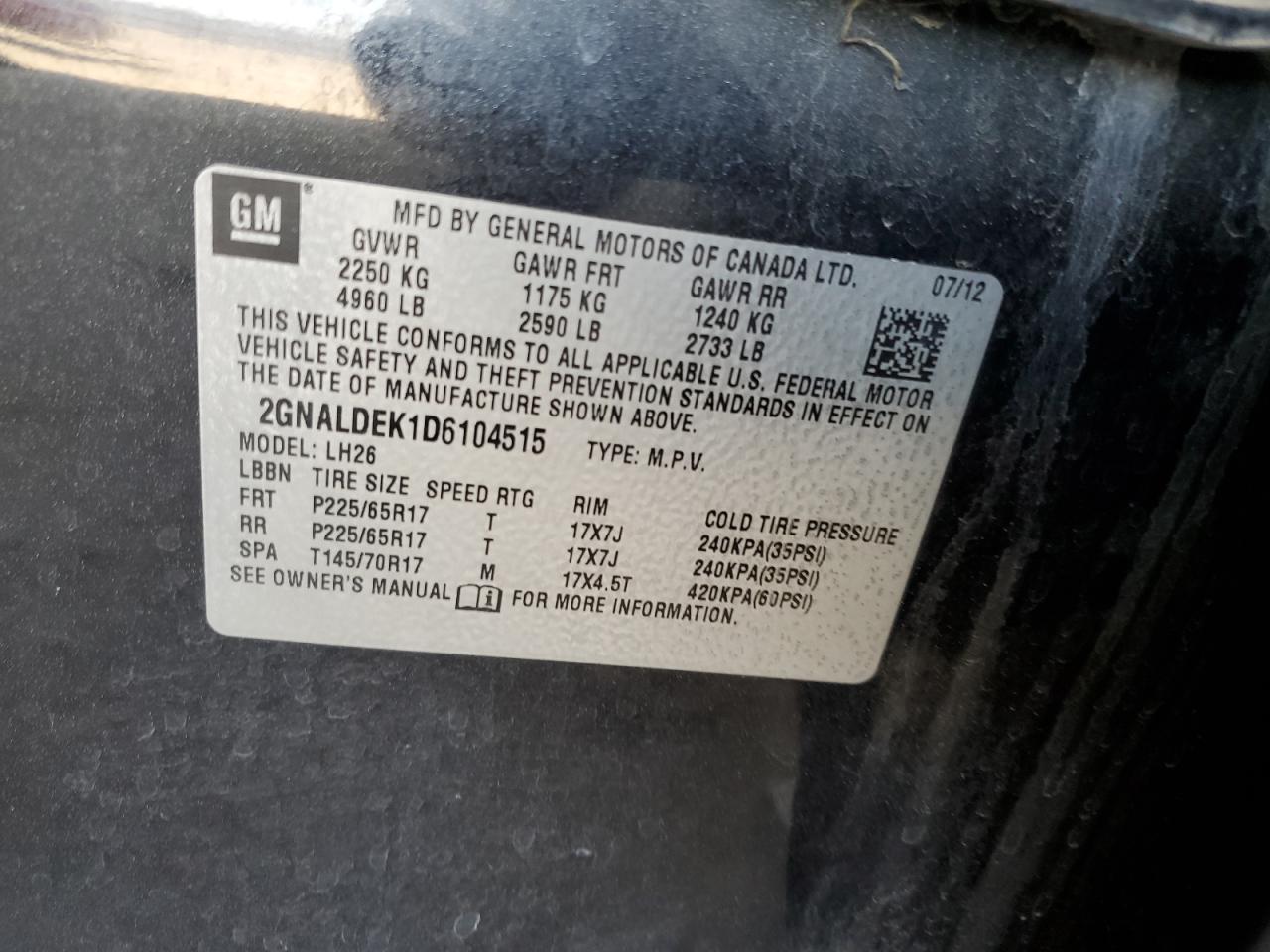 2013 Chevrolet Equinox Lt VIN: 2GNALDEK1D6104515 Lot: 64820804