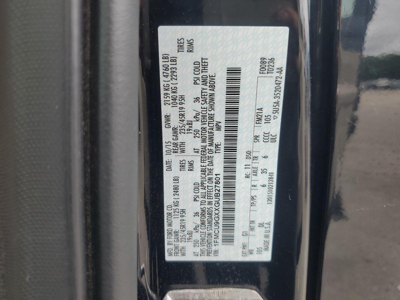 2016 Ford Escape Se VIN: 1FMCU9GXXGUB27801 Lot: 63477804