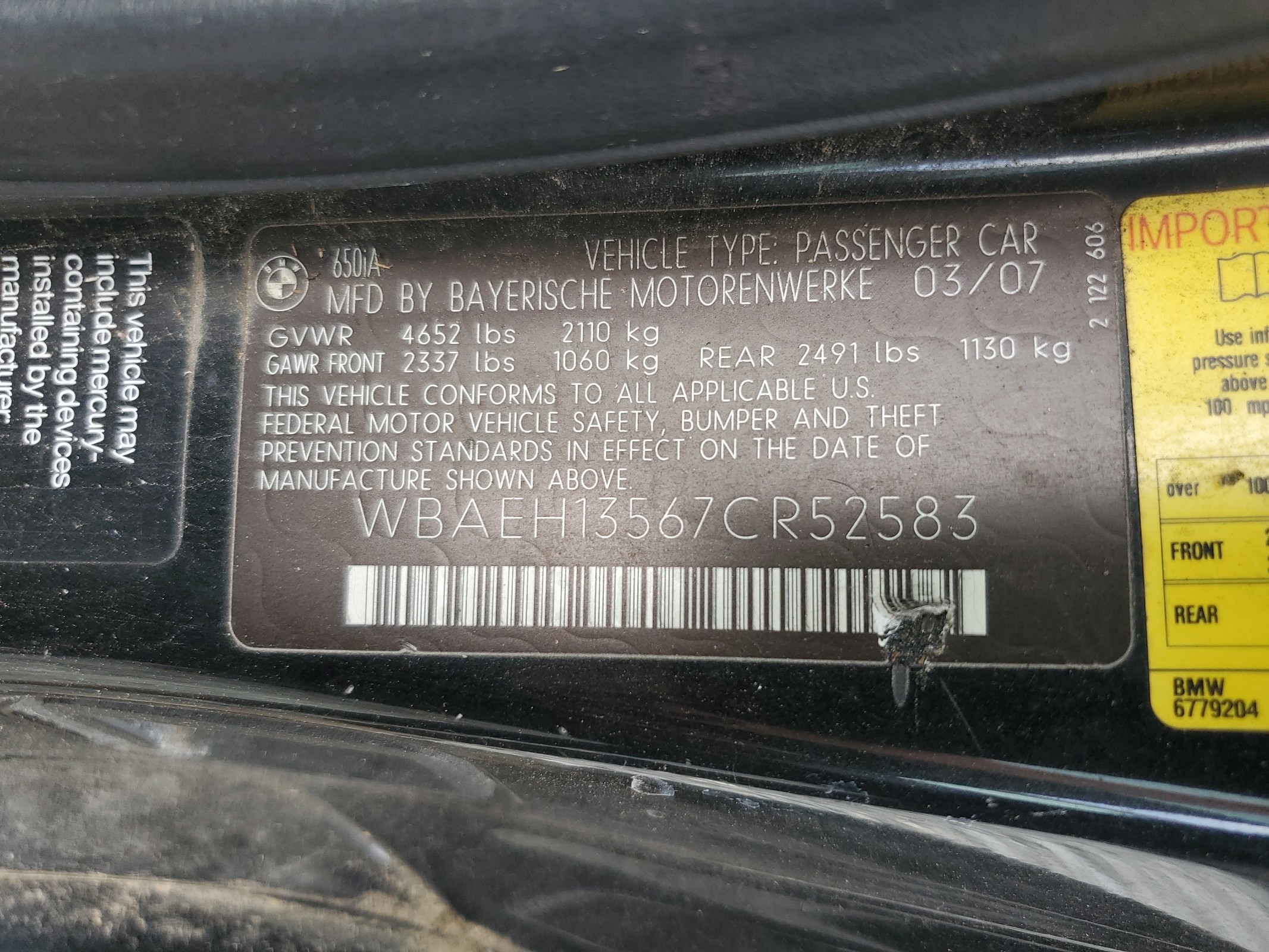 WBAEH13567CR52583 2007 BMW 650 I