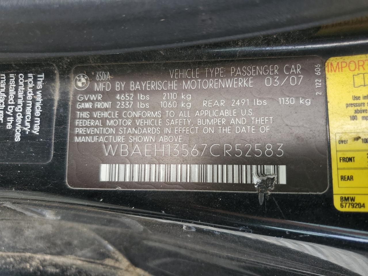 2007 BMW 650 I VIN: WBAEH13567CR52583 Lot: 63559834