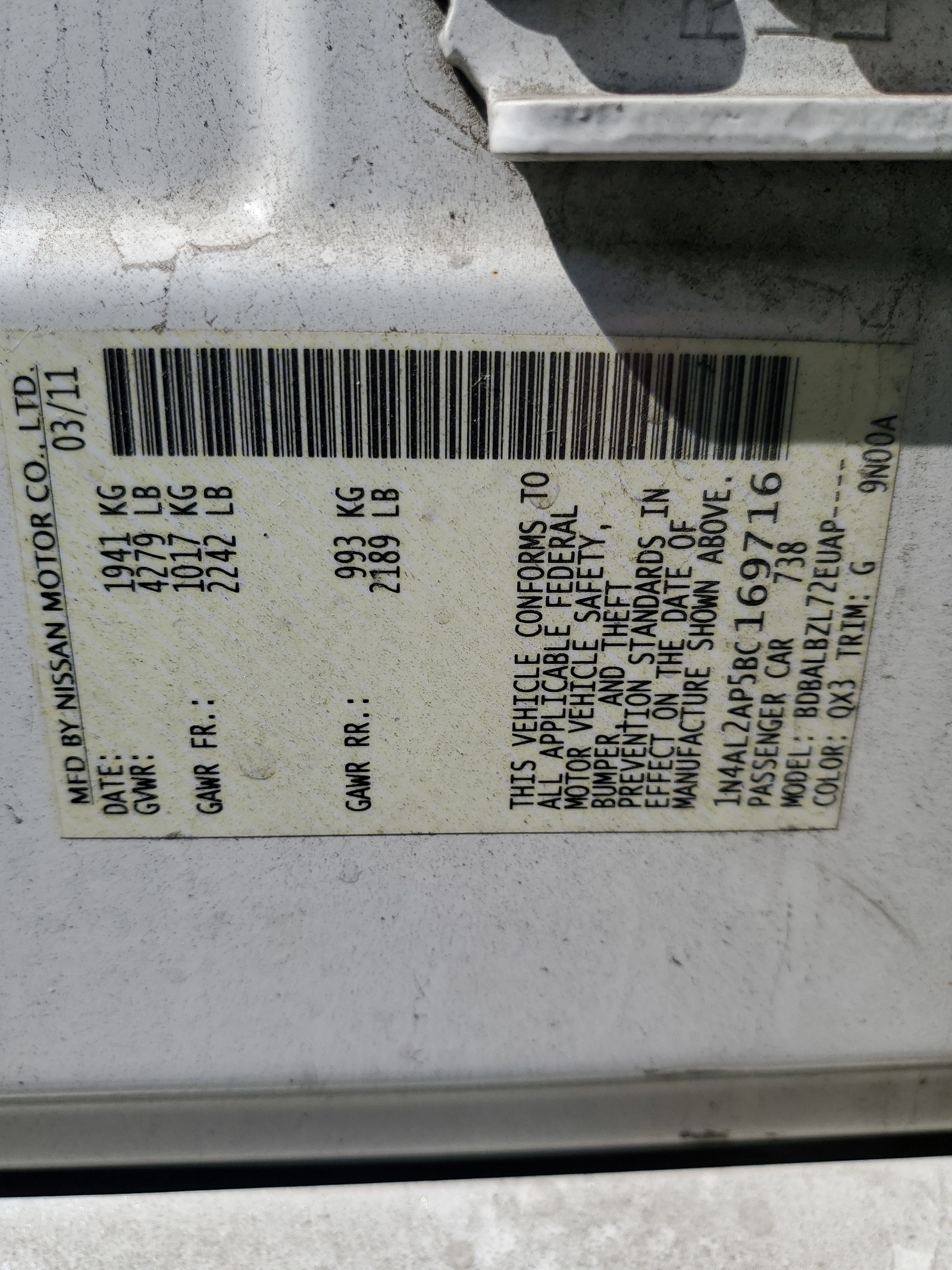 1N4AL2AP5BC169716 2011 Nissan Altima Base