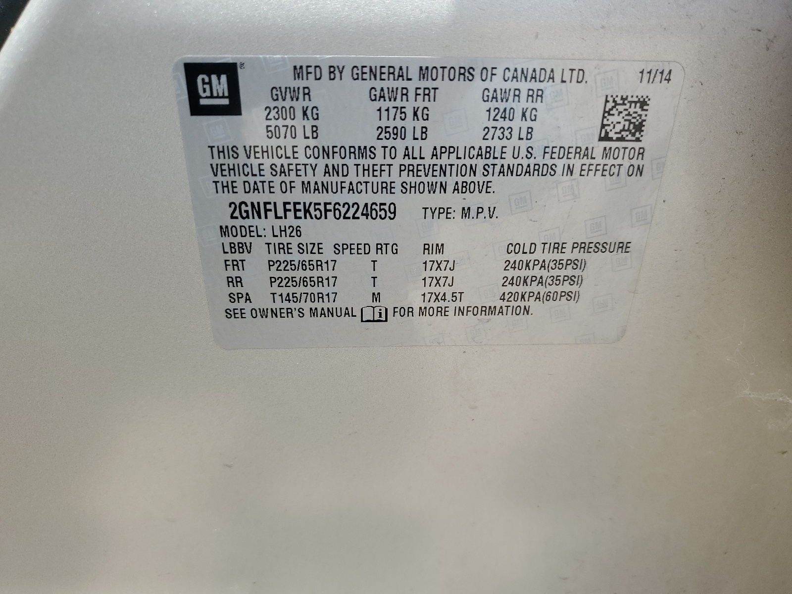2GNFLFEK5F6224659 2015 Chevrolet Equinox Lt