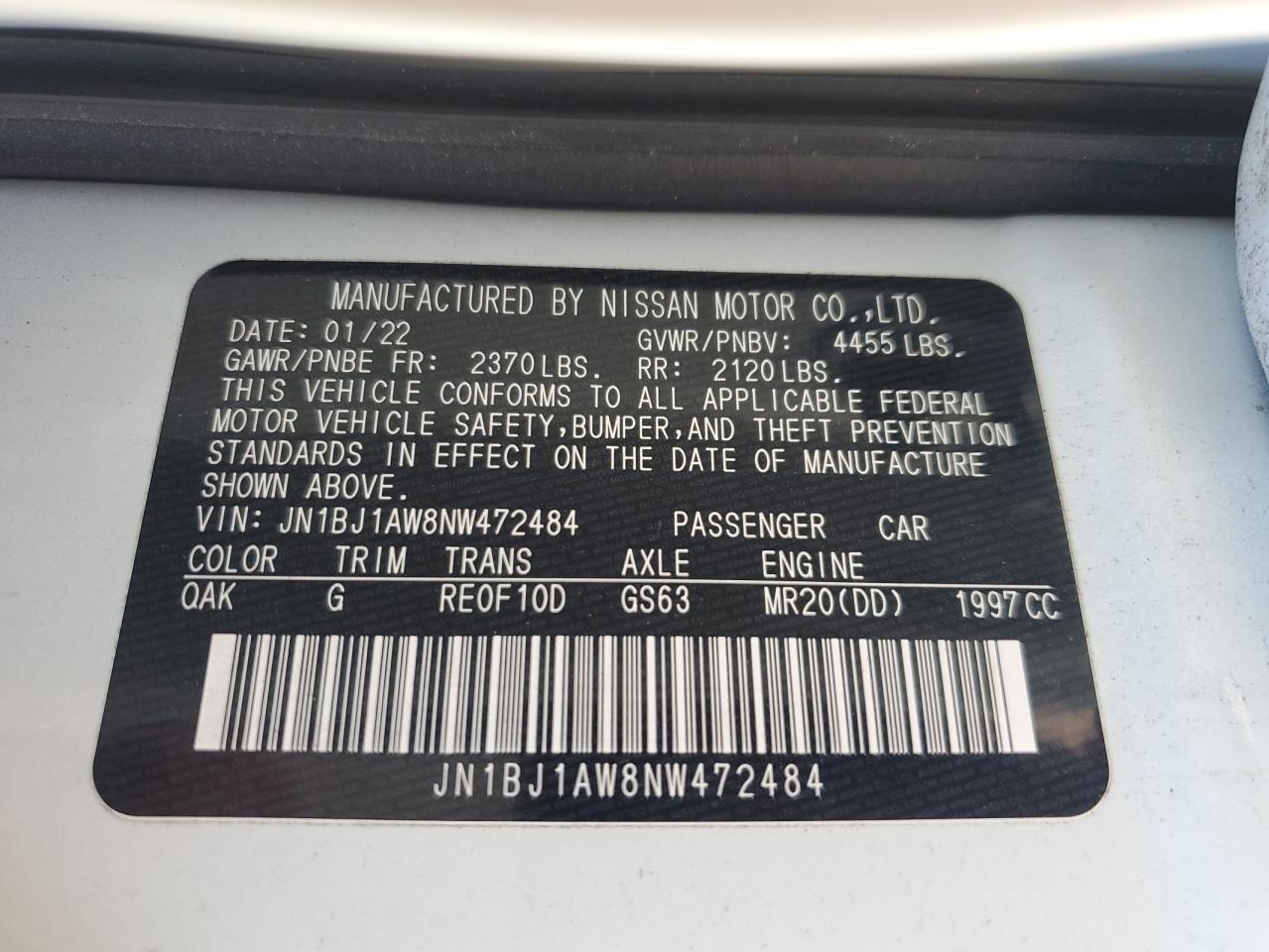 2022 Nissan Rogue Sport S VIN: JN1BJ1AW8NW472484 Lot: 63297764