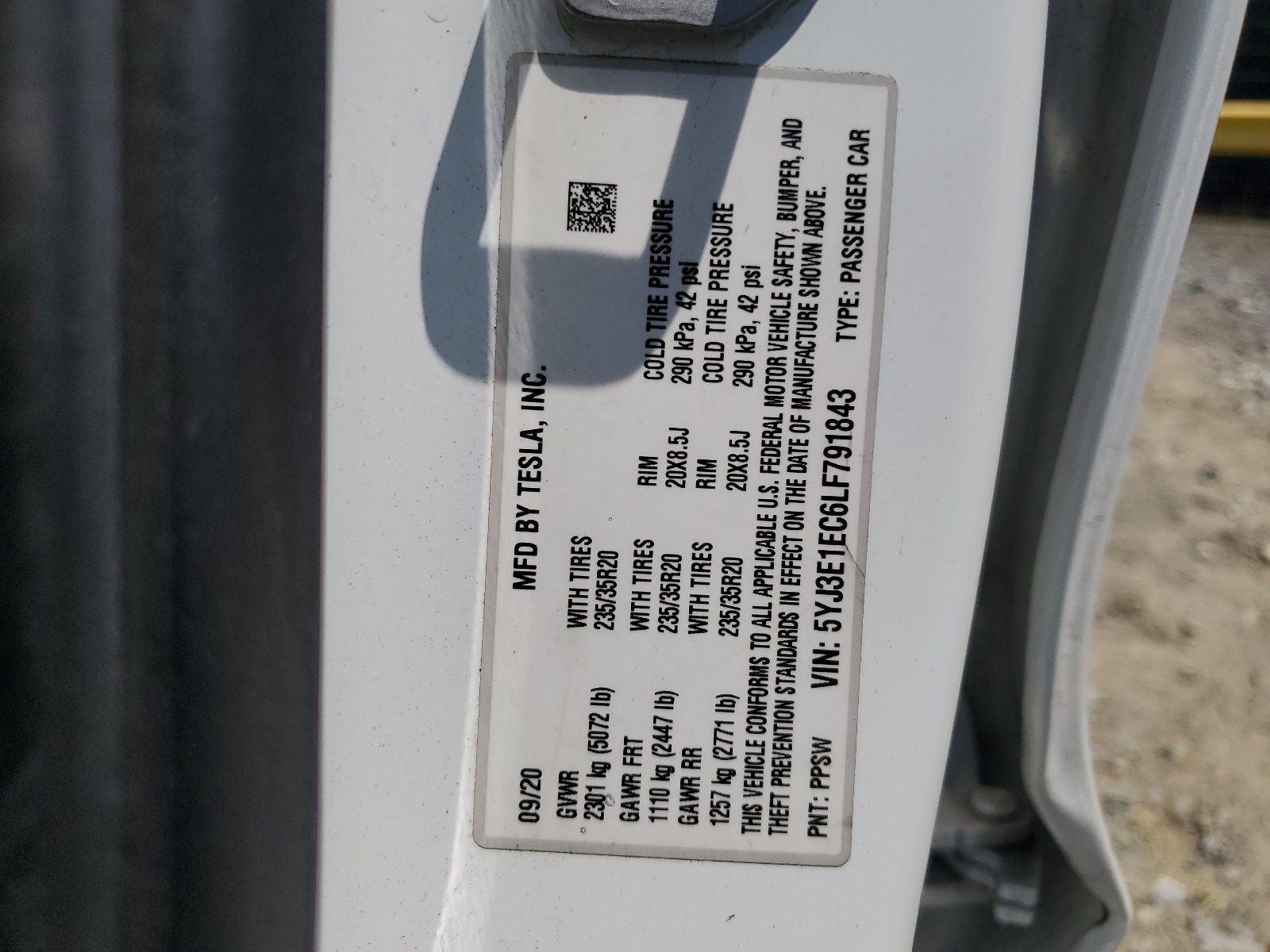 5YJ3E1EC6LF791843 2020 Tesla Model 3