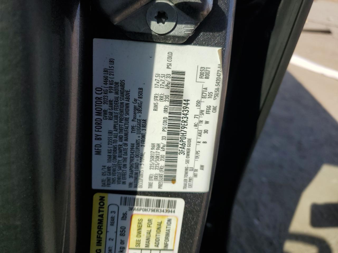 2014 Ford Fusion Se VIN: 3FA6P0H79ER343944 Lot: 63917584