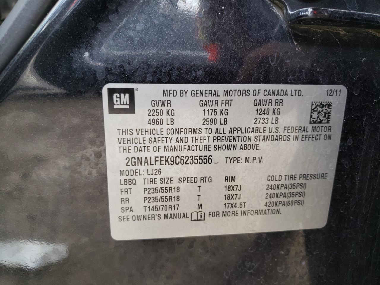 2012 Chevrolet Equinox Ltz VIN: 2GNALFEK9C6235556 Lot: 61105374