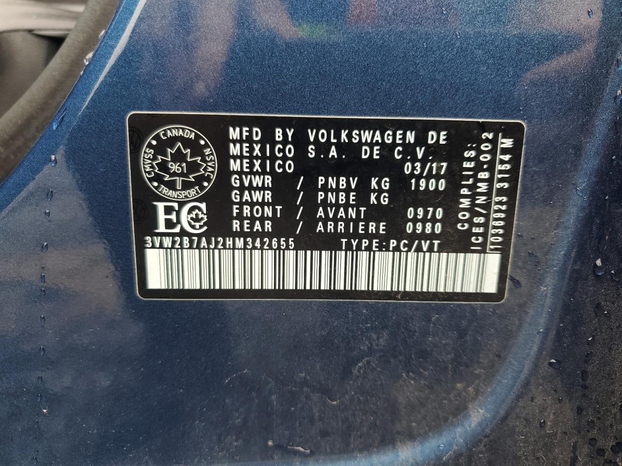 2017 Volkswagen Jetta S VIN: 3VW2B7AJ2HM342655 Lot: 63205104