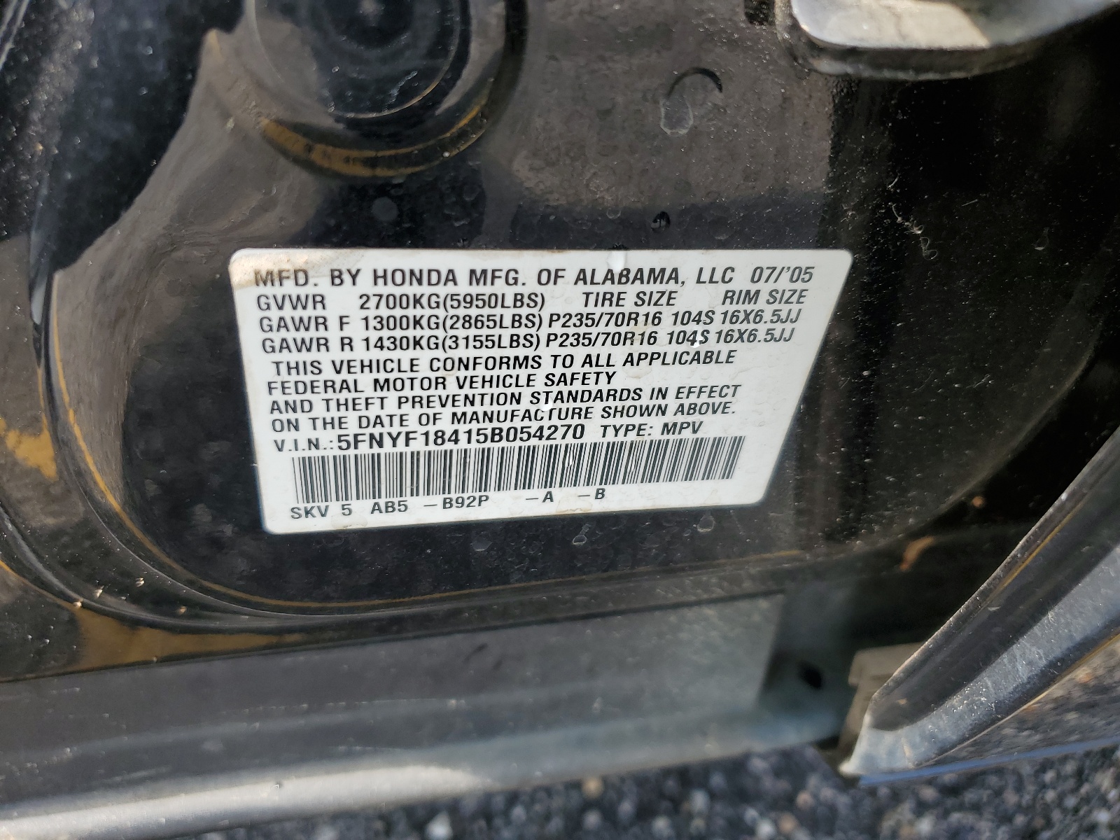 5FNYF18415B054270 2005 Honda Pilot Ex