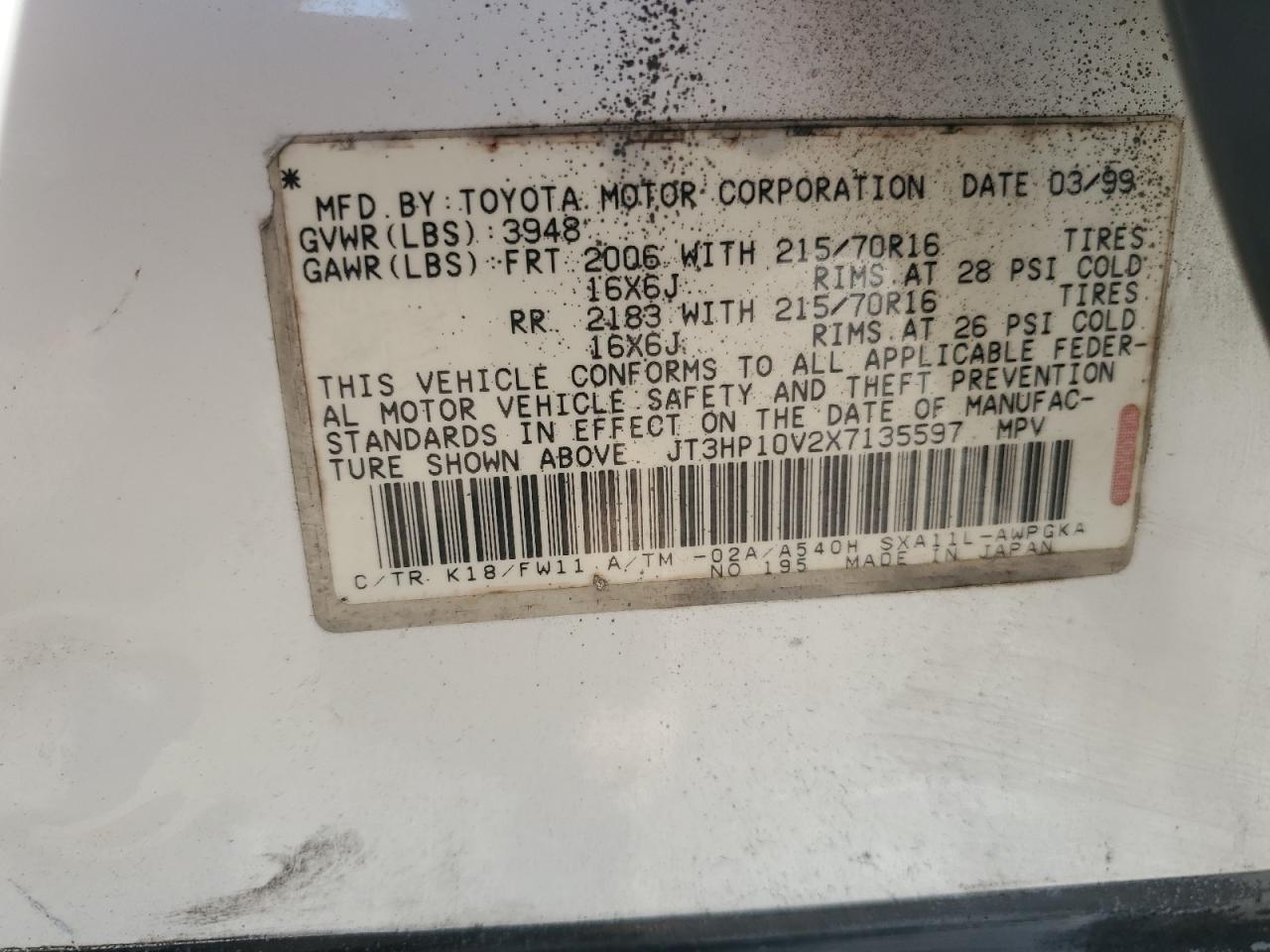 1999 Toyota Rav4 VIN: JT3HP10V2X7135597 Lot: 60475794