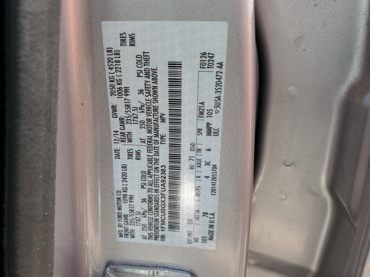 2015 Ford Escape Se VIN: 1FMCU0GX3FUA92383 Lot: 59025764