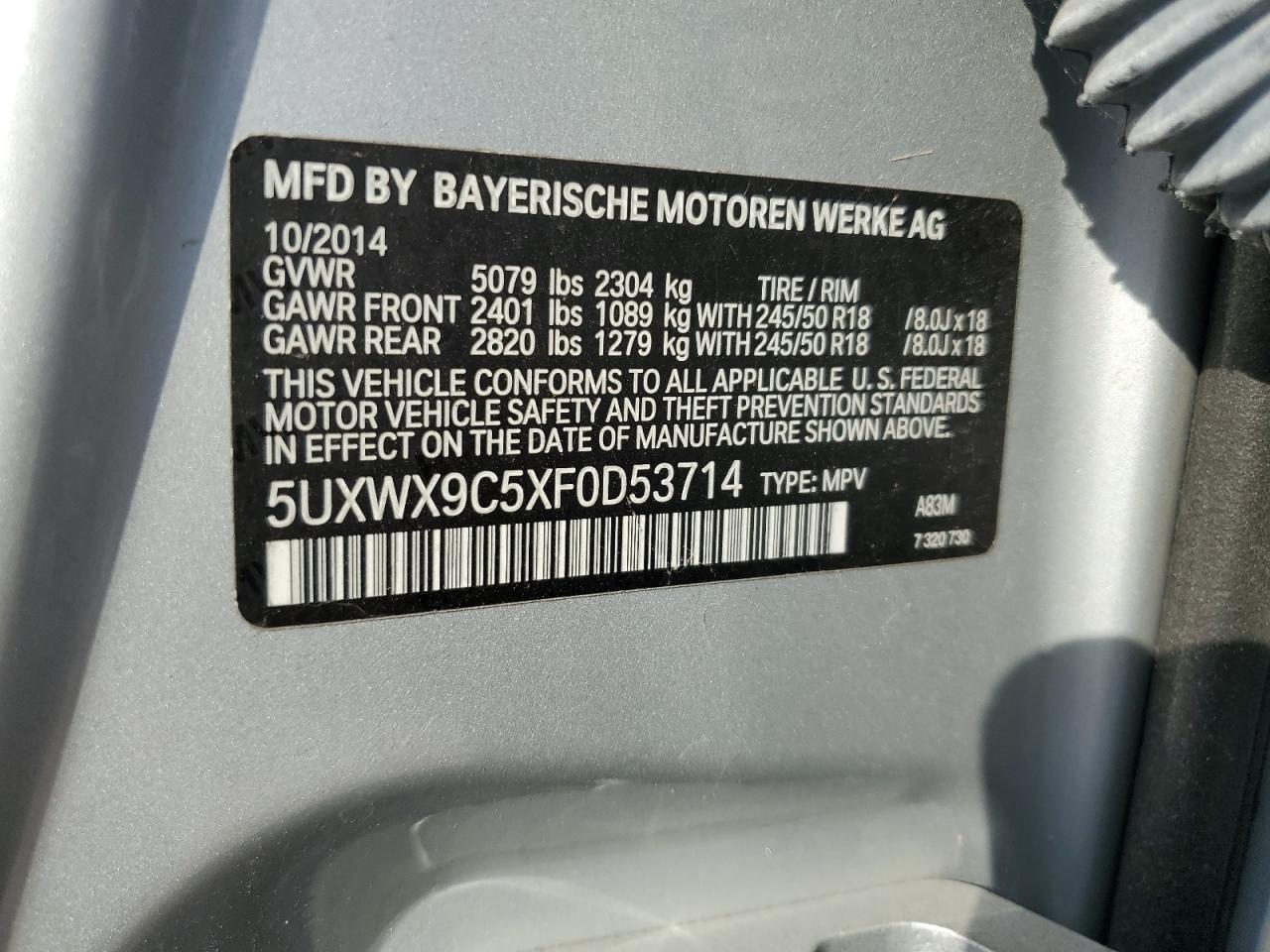 5UXWX9C5XF0D53714 2015 BMW X3 xDrive28I