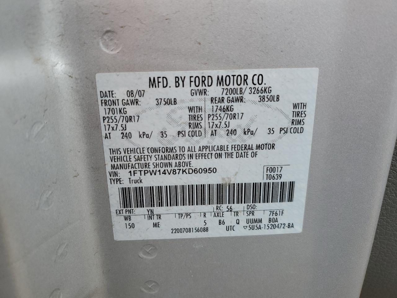 2007 Ford F150 Supercrew VIN: 1FTPW14V87KD60950 Lot: 63219434