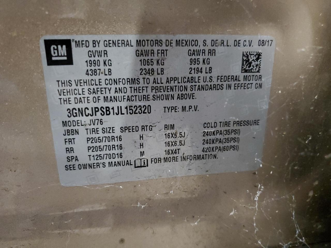 2018 Chevrolet Trax 1Lt VIN: 3GNCJPSB1JL152320 Lot: 62945574