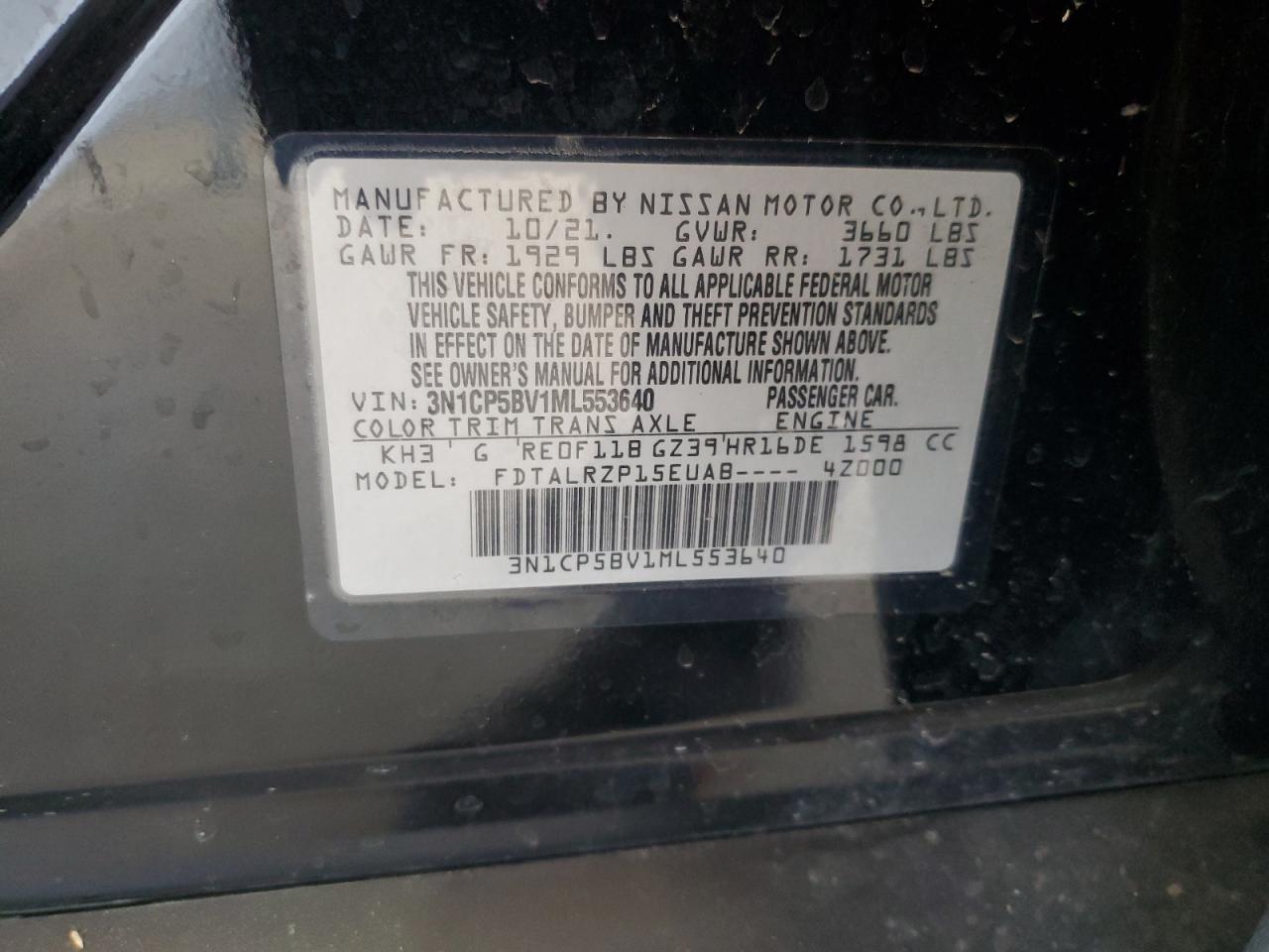 2021 Nissan Kicks S VIN: 3N1CP5BV1ML553640 Lot: 65430074