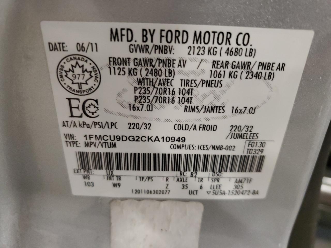 2012 Ford Escape Xlt VIN: 1FMCU9DG2CKA10949 Lot: 64590634