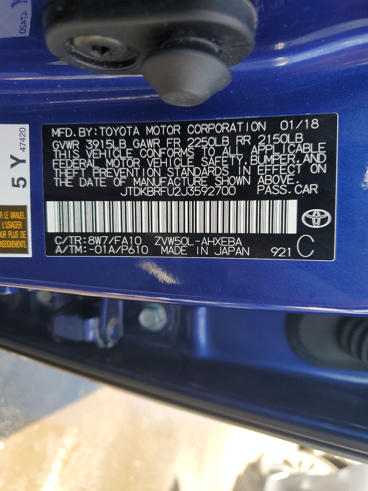 JTDKBRFU2J3592700 2018 Toyota Prius
