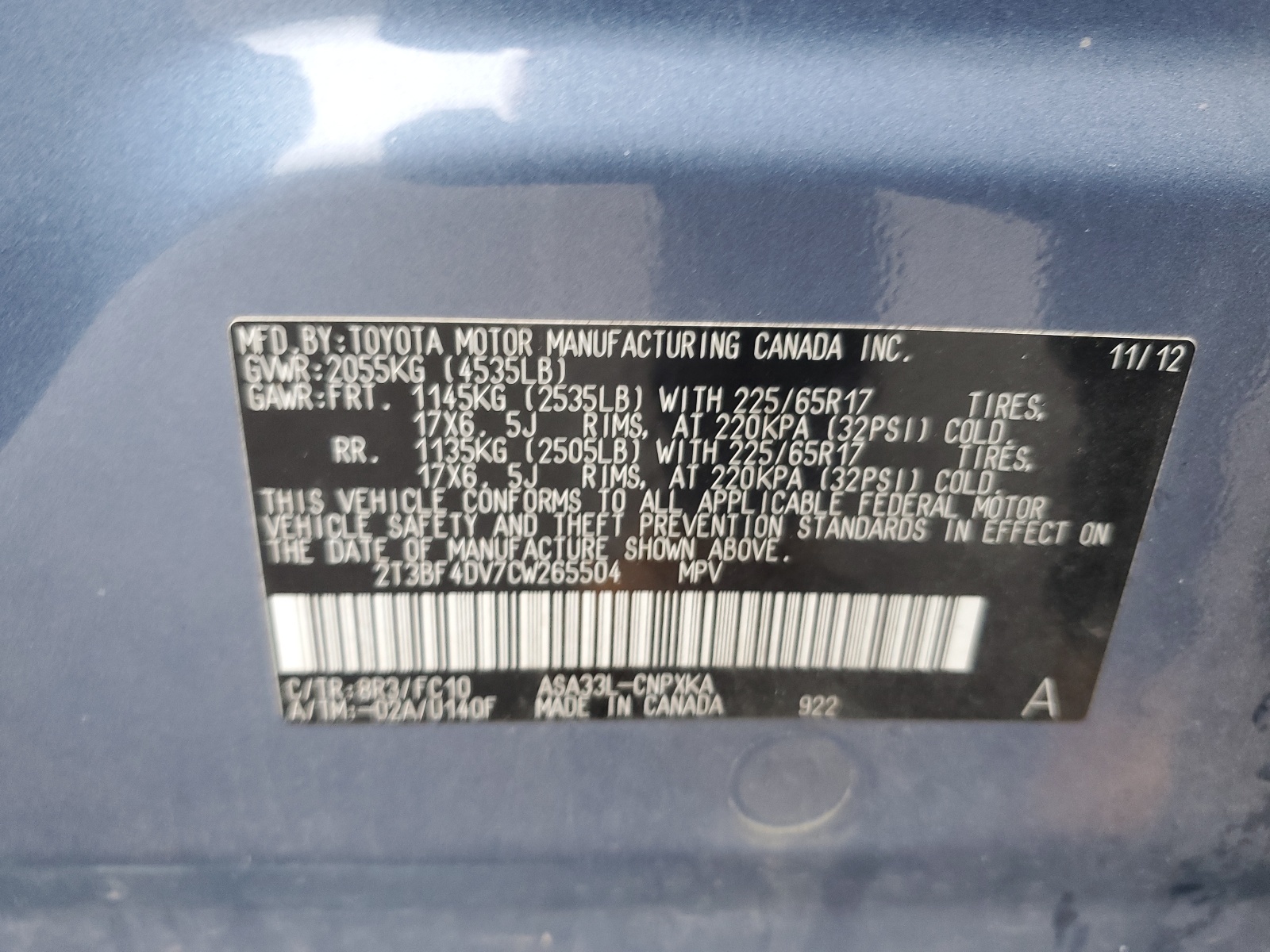 2T3BF4DV7CW265504 2012 Toyota Rav4