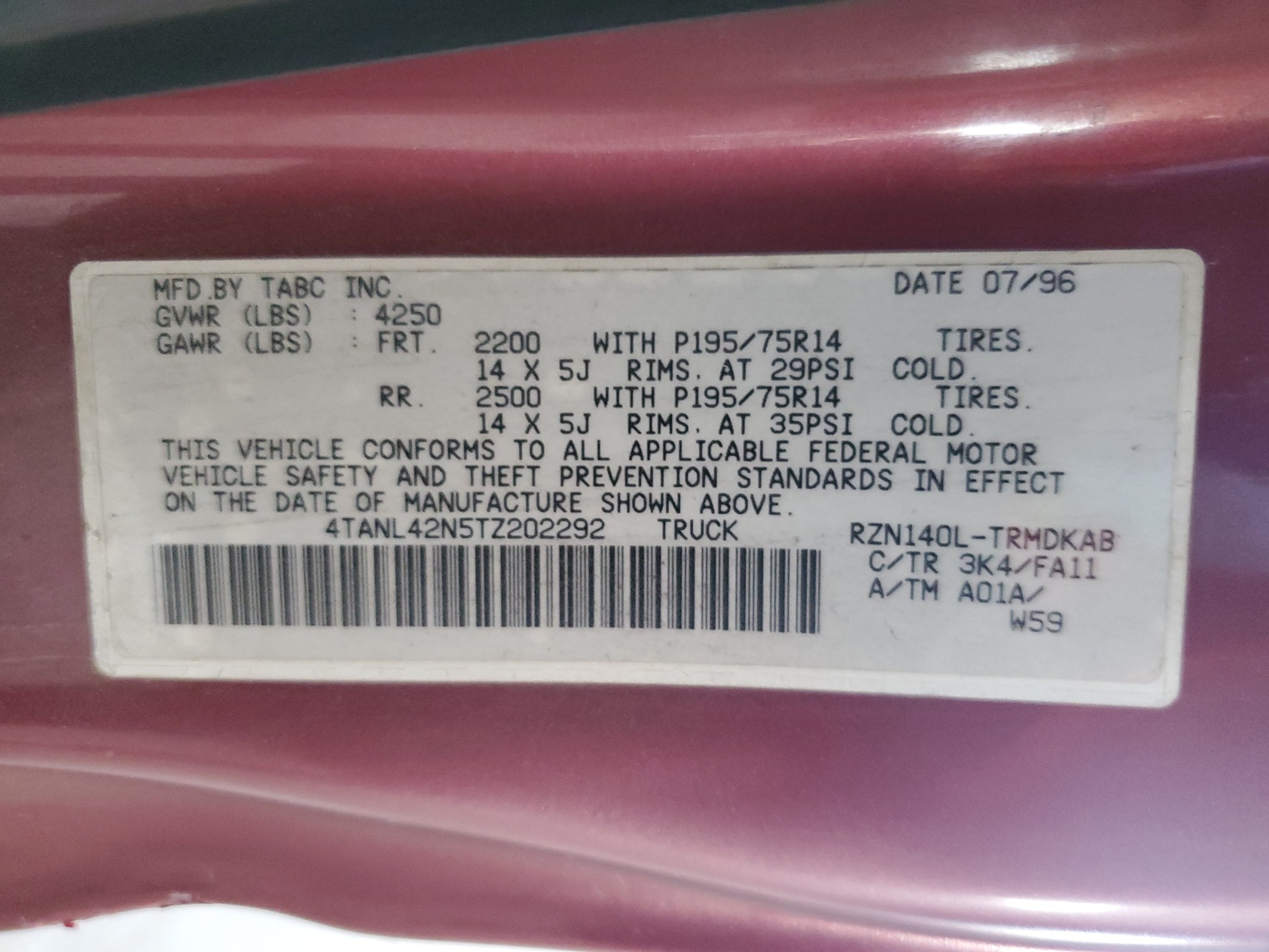 4TANL42N5TZ202292 1996 Toyota Tacoma