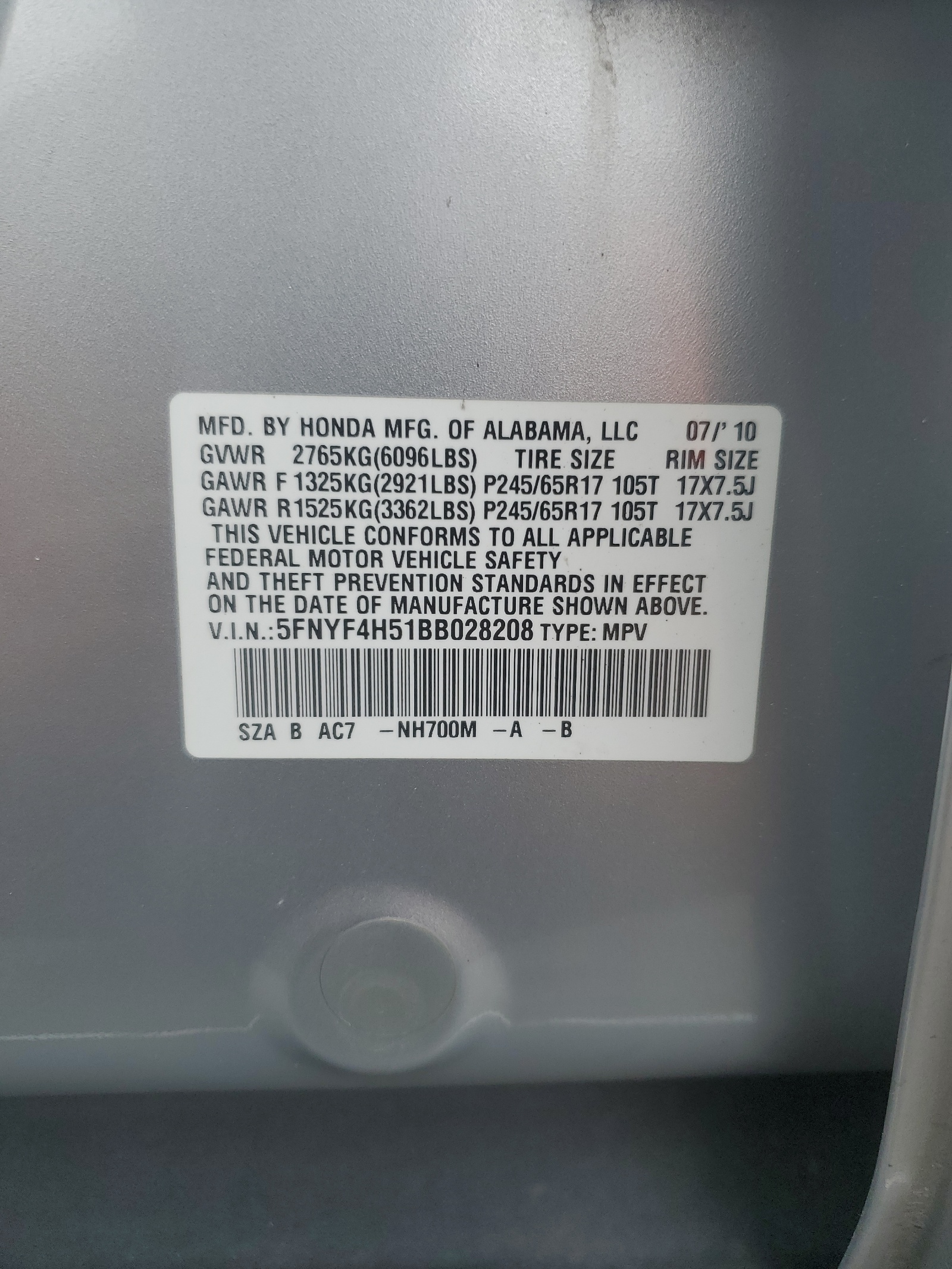 5FNYF4H51BB028208 2011 Honda Pilot Exl