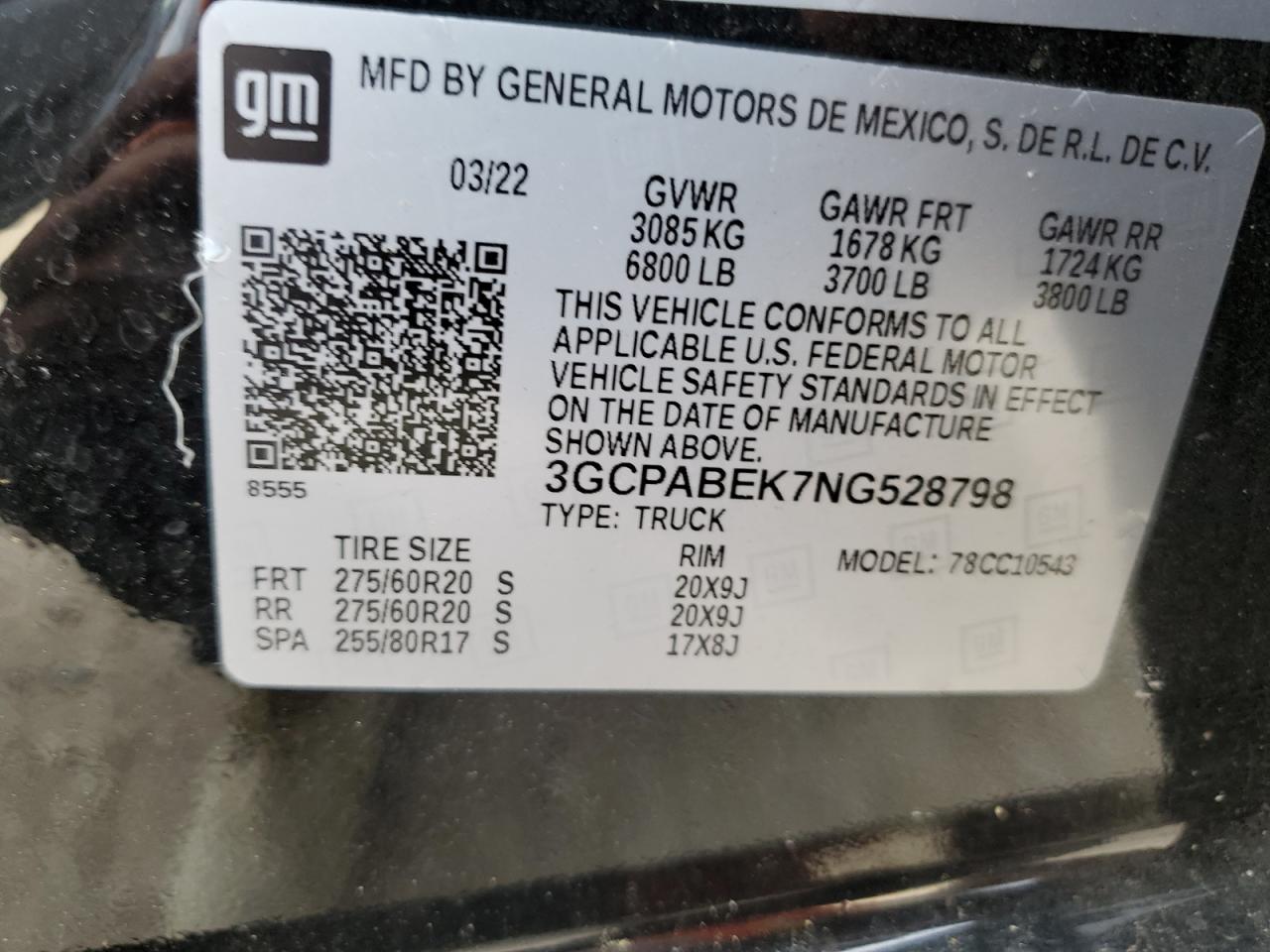 2022 Chevrolet Silverado C1500 Custom VIN: 3GCPABEK7NG528798 Lot: 62658254