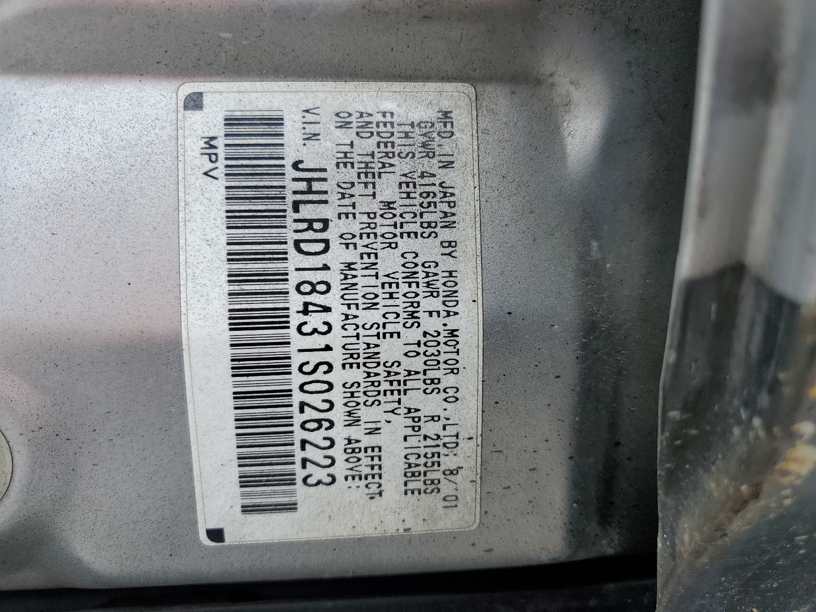 JHLRD18431S026223 2001 Honda Cr-V Lx