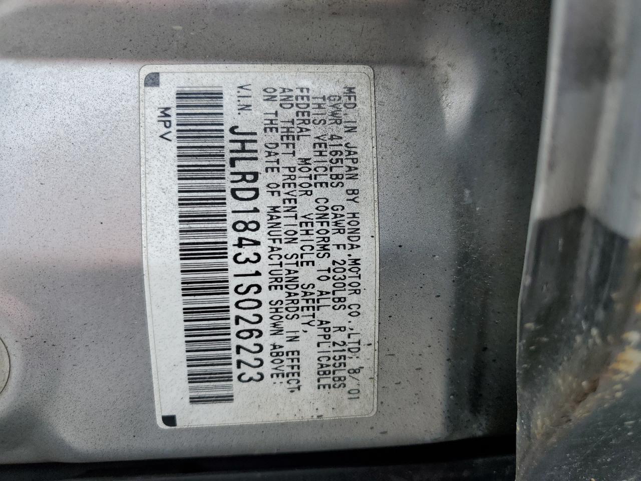 2001 Honda Cr-V Lx VIN: JHLRD18431S026223 Lot: 63876924