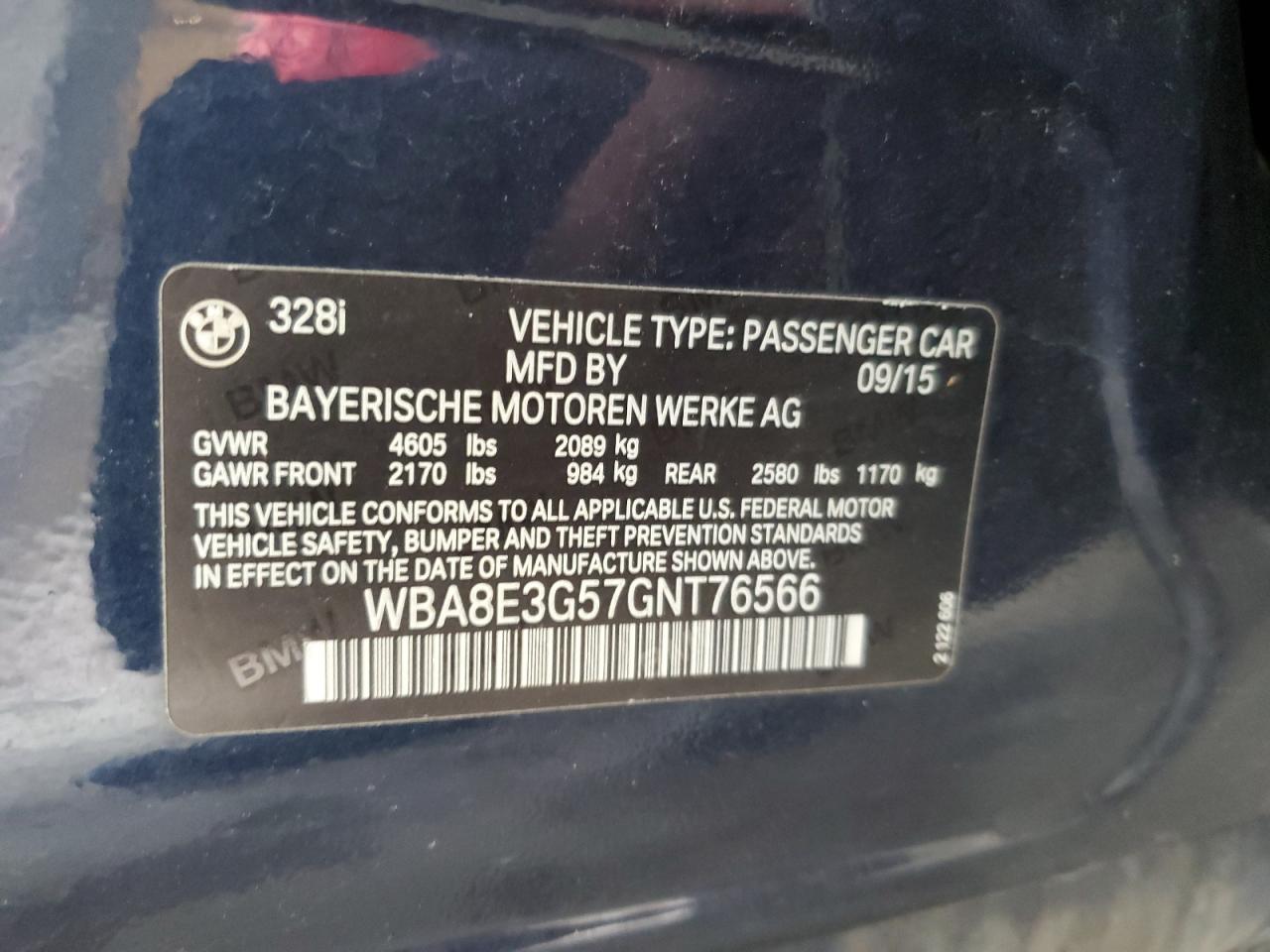 2016 BMW 328 Xi Sulev VIN: WBA8E3G57GNT76566 Lot: 63300604