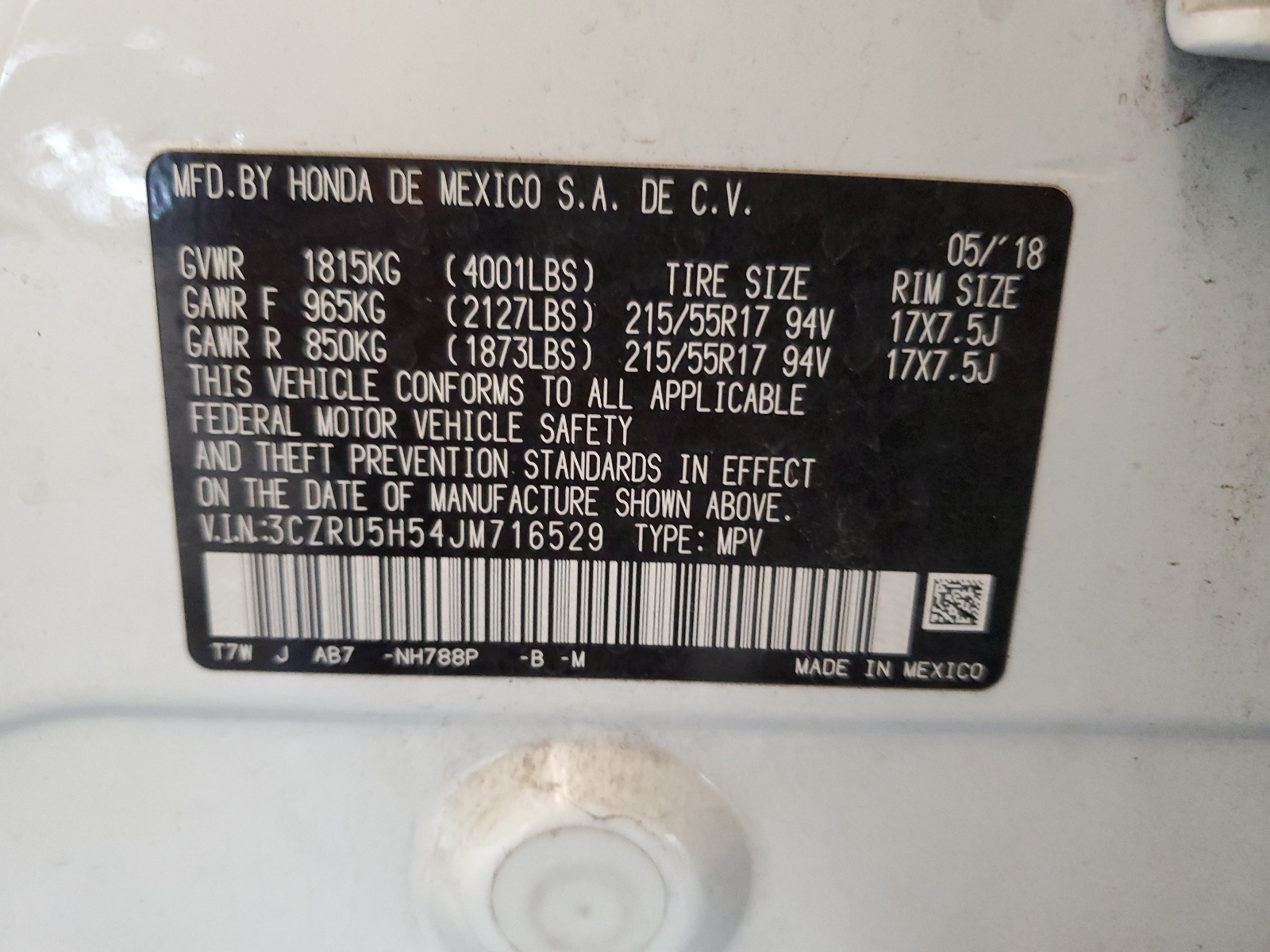 3CZRU5H54JM716529 2018 Honda Hr-V Ex