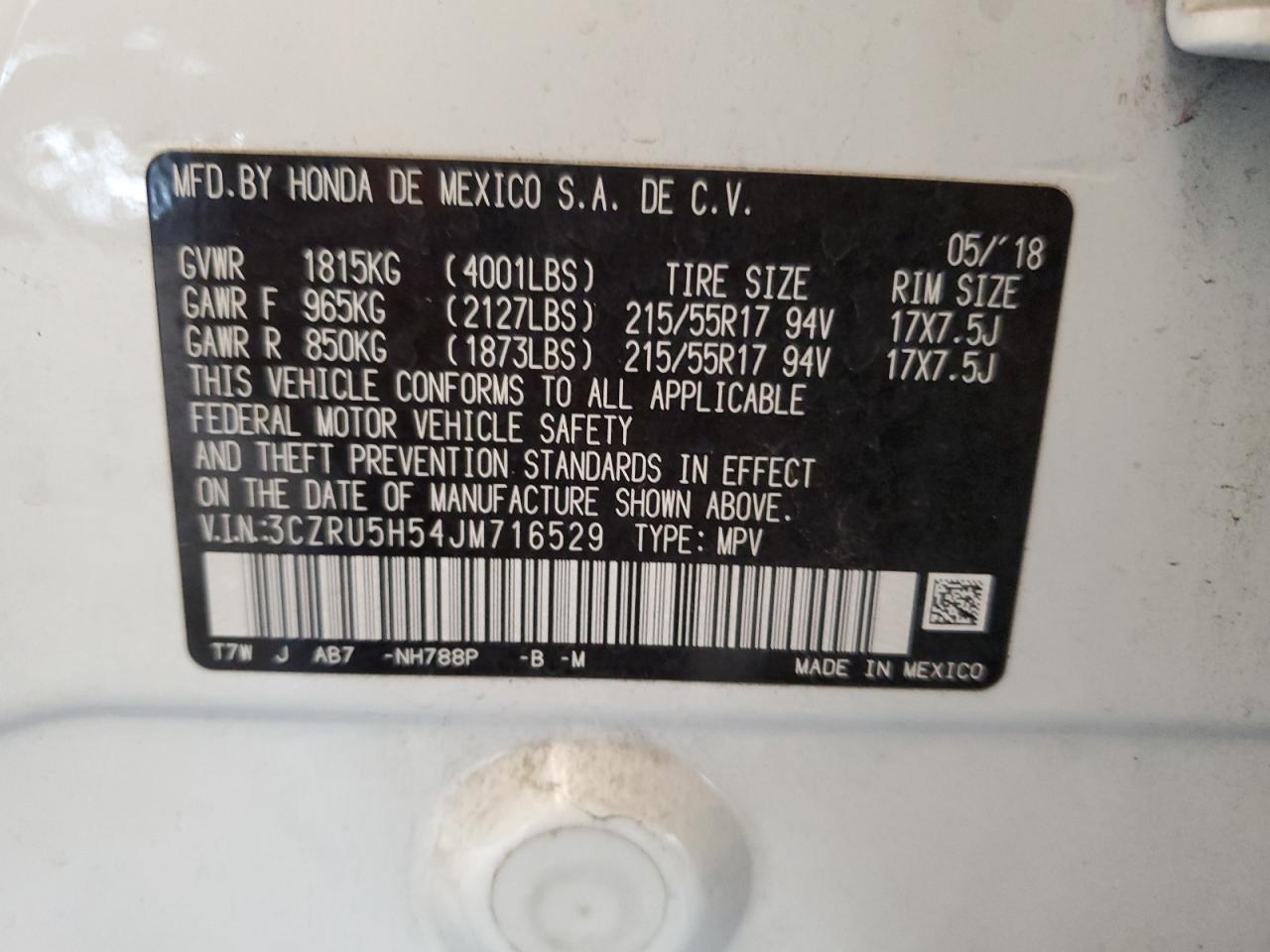 2018 Honda Hr-V Ex VIN: 3CZRU5H54JM716529 Lot: 63599274