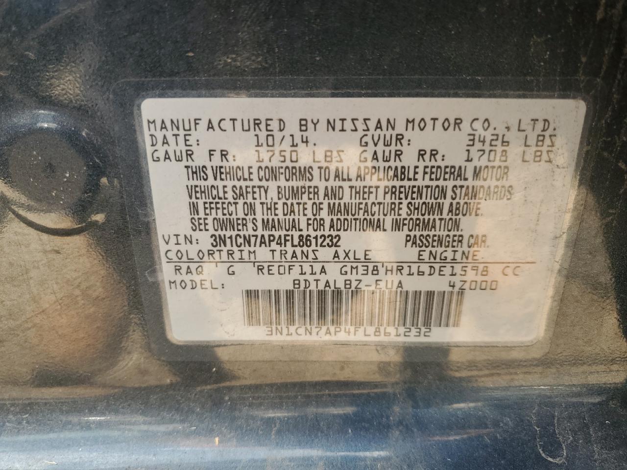 2015 Nissan Versa S VIN: 3N1CN7AP4FL861232 Lot: 63139014