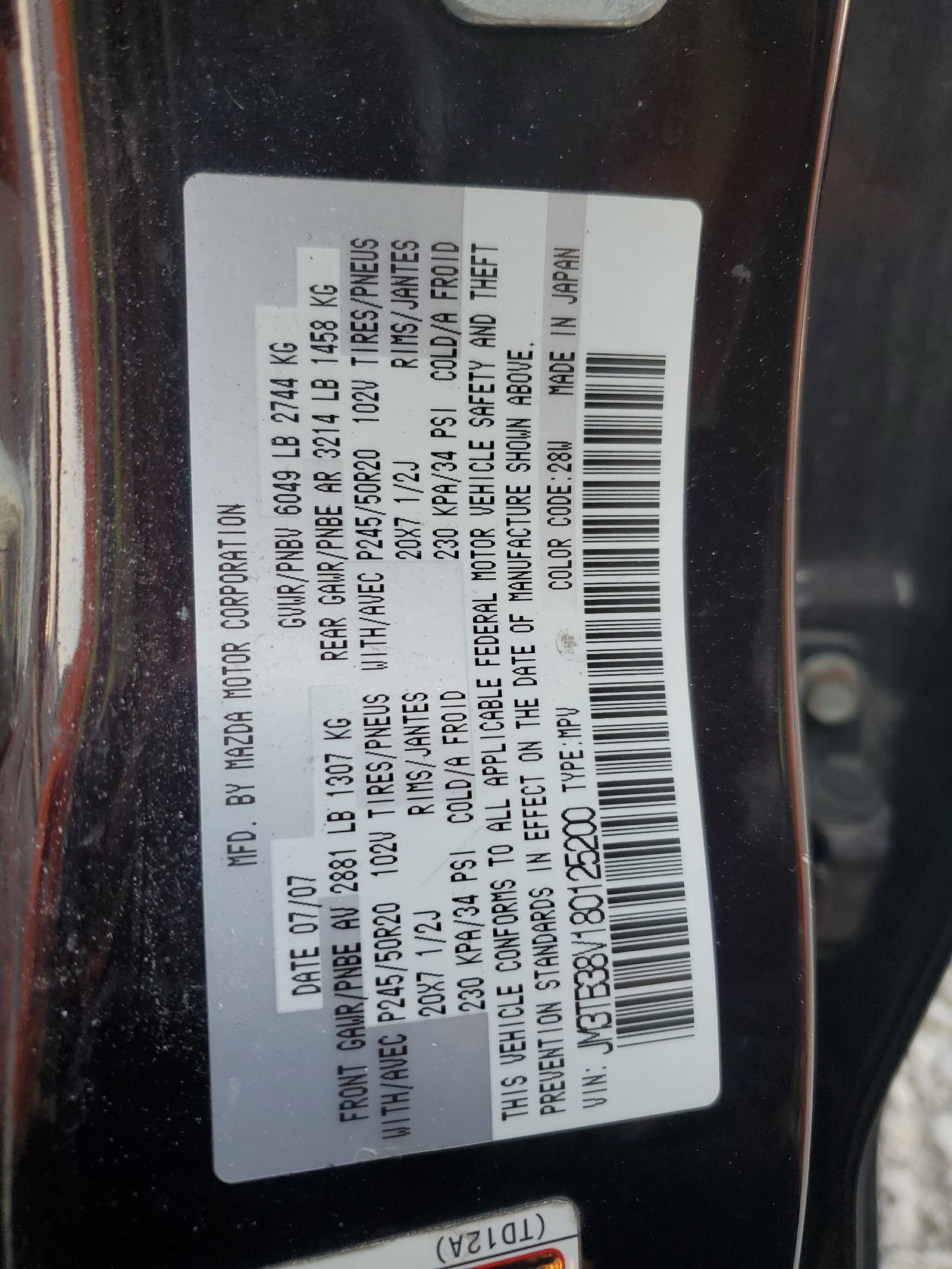 JM3TB38V180125200 2008 Mazda Cx-9