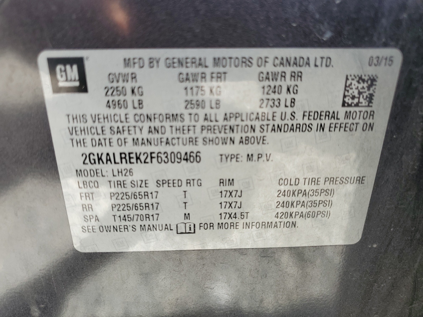 2GKALREK2F6309466 2015 GMC Terrain Sle