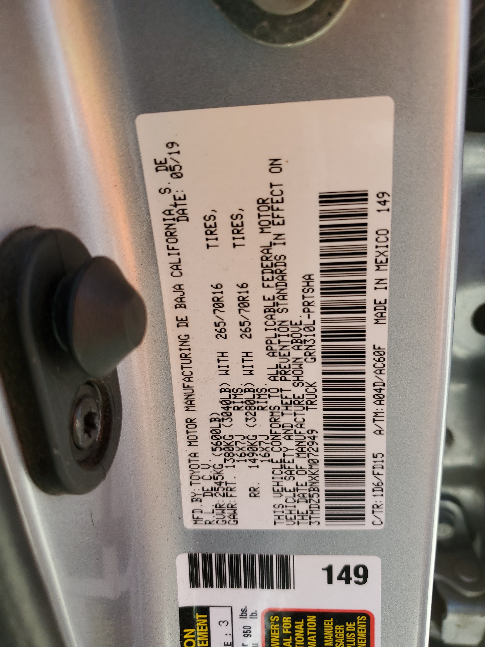 3TMDZ5BNXKM072949 2019 Toyota Tacoma Double Cab