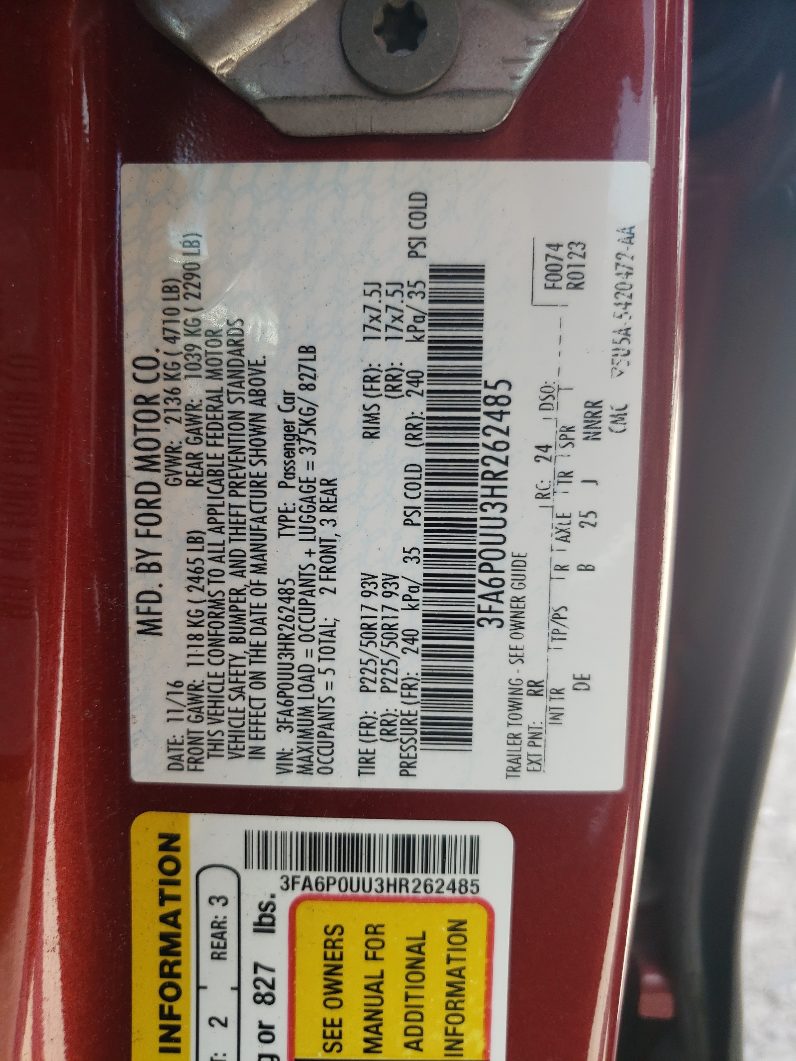 3FA6P0UU3HR262485 2017 Ford Fusion S Hybrid