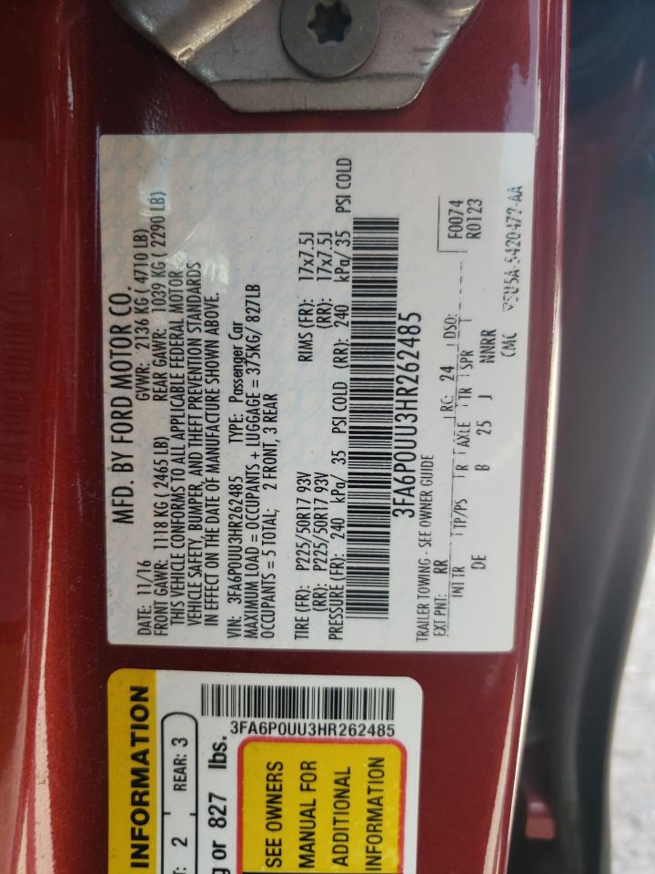 2017 Ford Fusion S Hybrid VIN: 3FA6P0UU3HR262485 Lot: 61876144