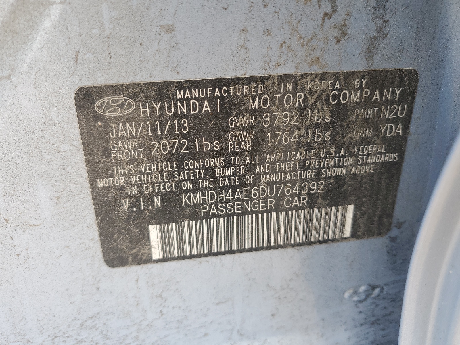 KMHDH4AE6DU764392 2013 Hyundai Elantra Gls