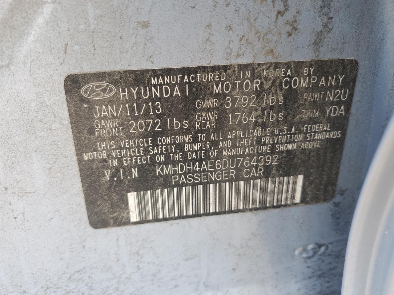 2013 Hyundai Elantra Gls VIN: KMHDH4AE6DU764392 Lot: 65036504