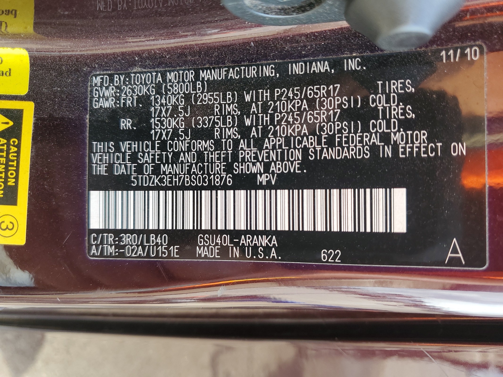 5TDZK3EH7BS031876 2011 Toyota Highlander Base