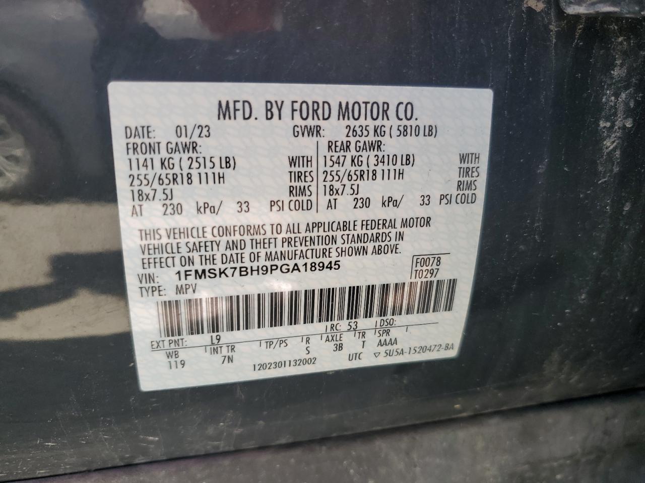 2023 Ford Explorer VIN: 1FMSK7BH9PGA18945 Lot: 62769434