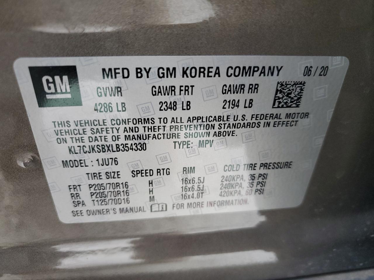 2020 Chevrolet Trax Ls VIN: KL7CJKSBXLB354330 Lot: 62464204