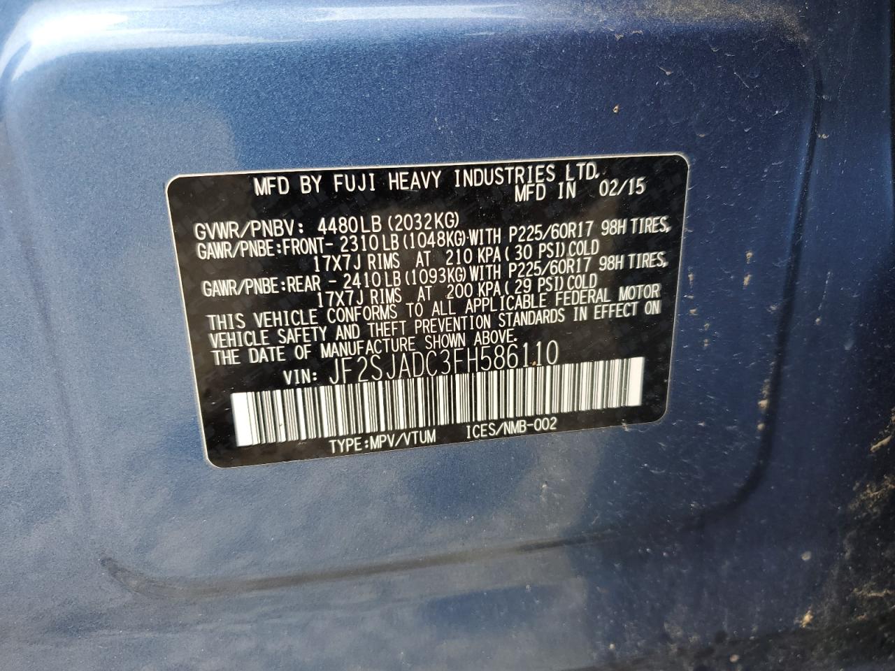 2015 Subaru Forester 2.5I Premium VIN: JF2SJADC3FH586110 Lot: 64710944