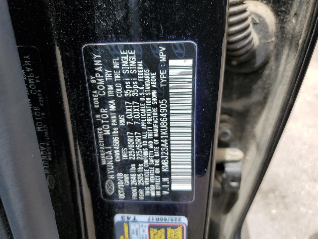 2019 Hyundai Tucson Se VIN: KM8J23A41KU864905 Lot: 64368944