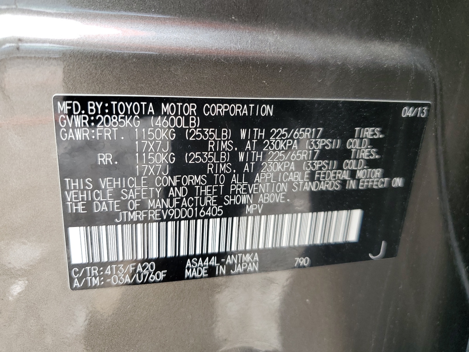 JTMRFREV9DD016405 2013 Toyota Rav4 Xle