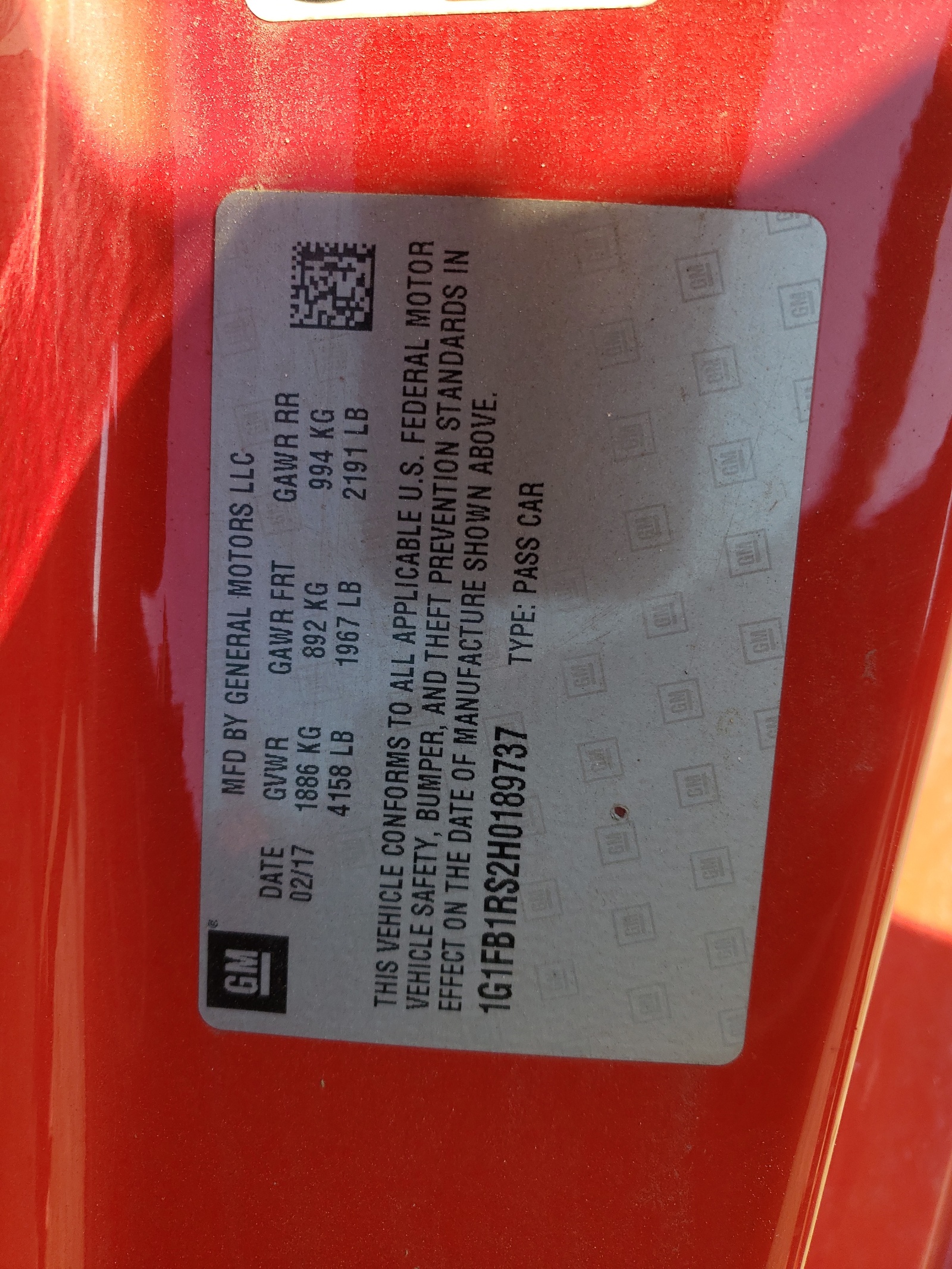 1G1FB1RS2H0189737 2017 Chevrolet Camaro Lt