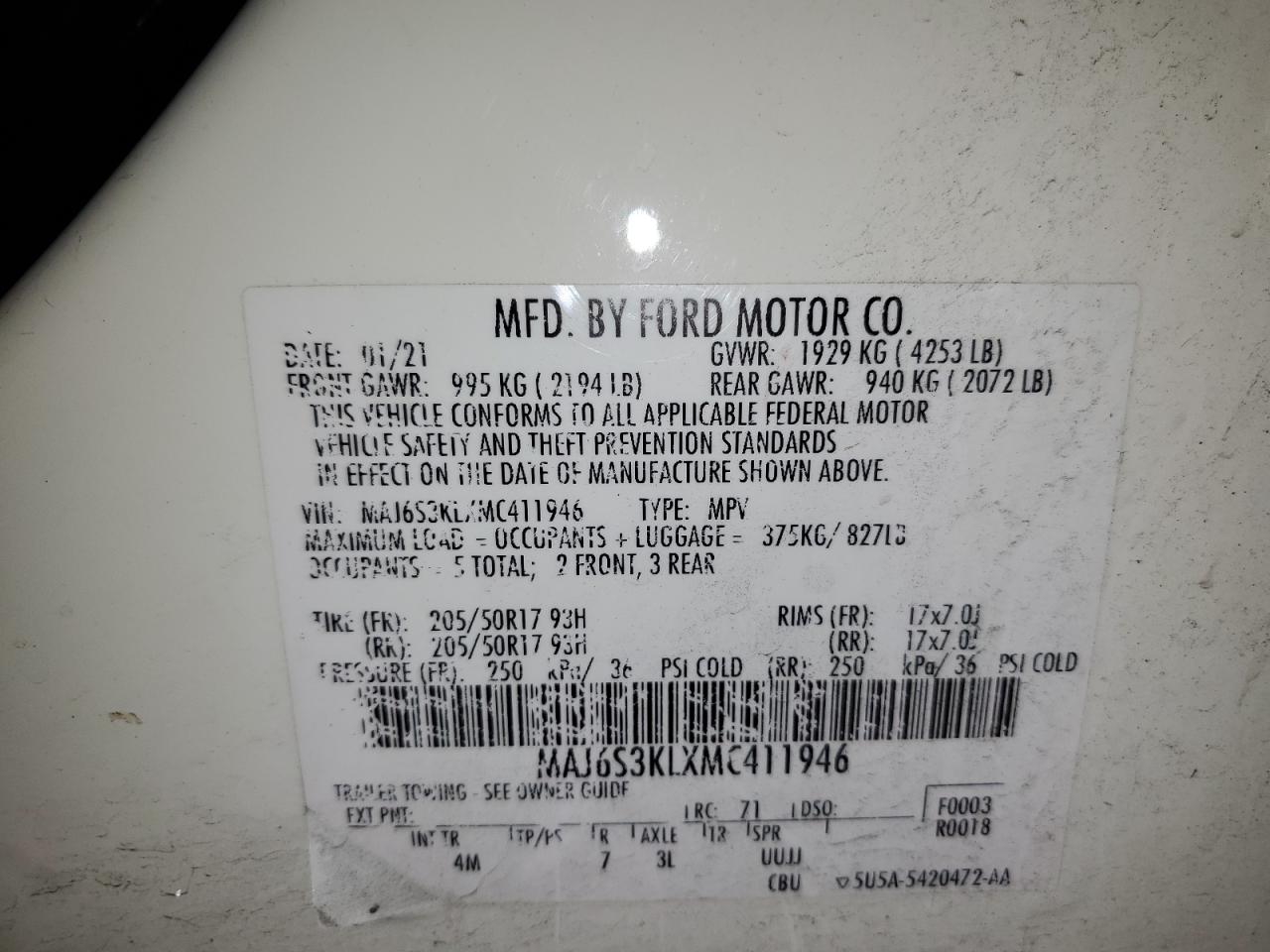 2021 Ford Ecosport Titanium VIN: MAJ6S3KLXMC411946 Lot: 63818704