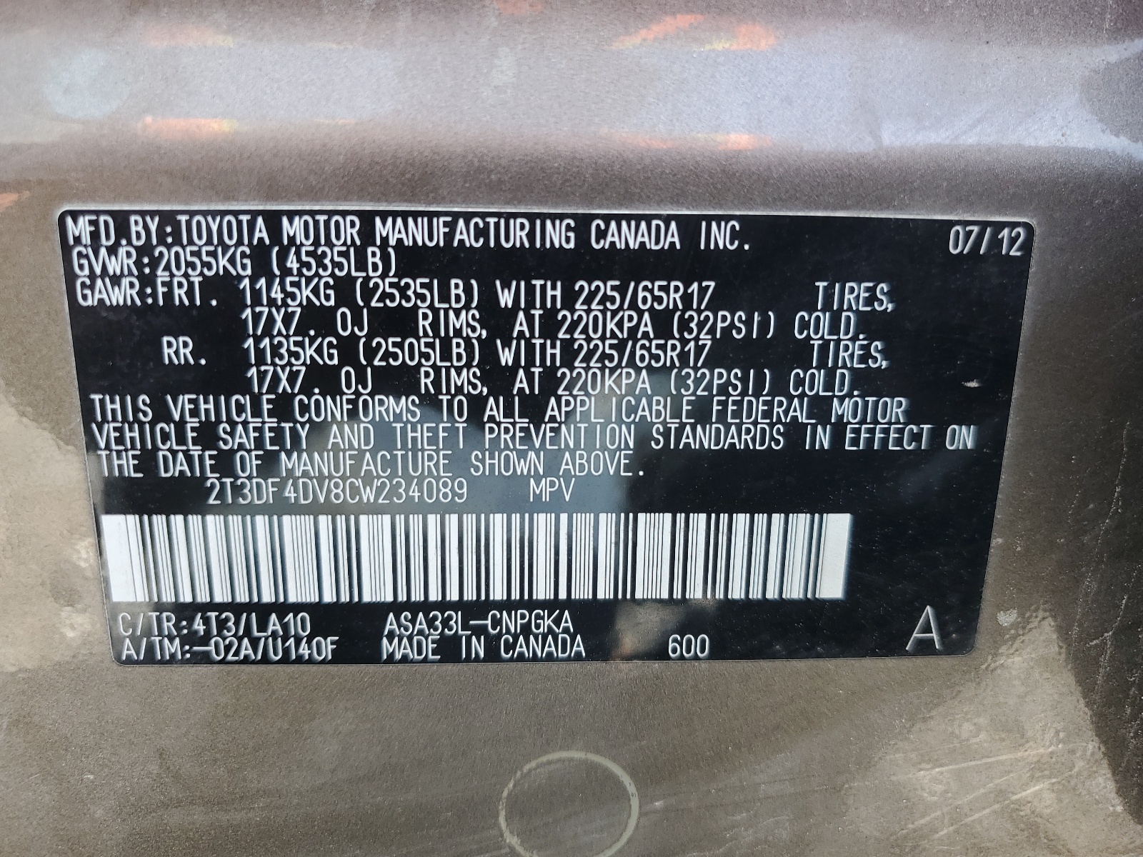 2T3DF4DV8CW234089 2012 Toyota Rav4 Limited