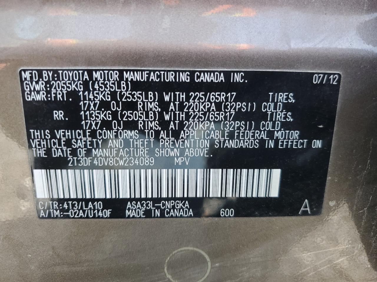 2012 Toyota Rav4 Limited VIN: 2T3DF4DV8CW234089 Lot: 63574834